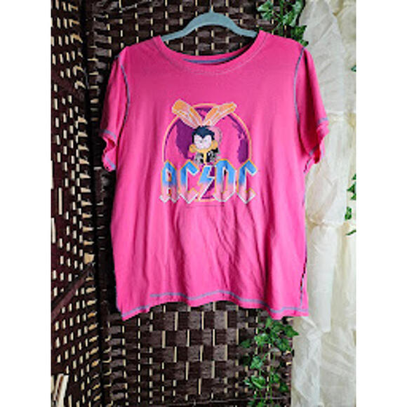 The Vinyl Icons Tops - Y2K Hot Pink AC DC Baby Tee Edgy Cartoon Graphic Top